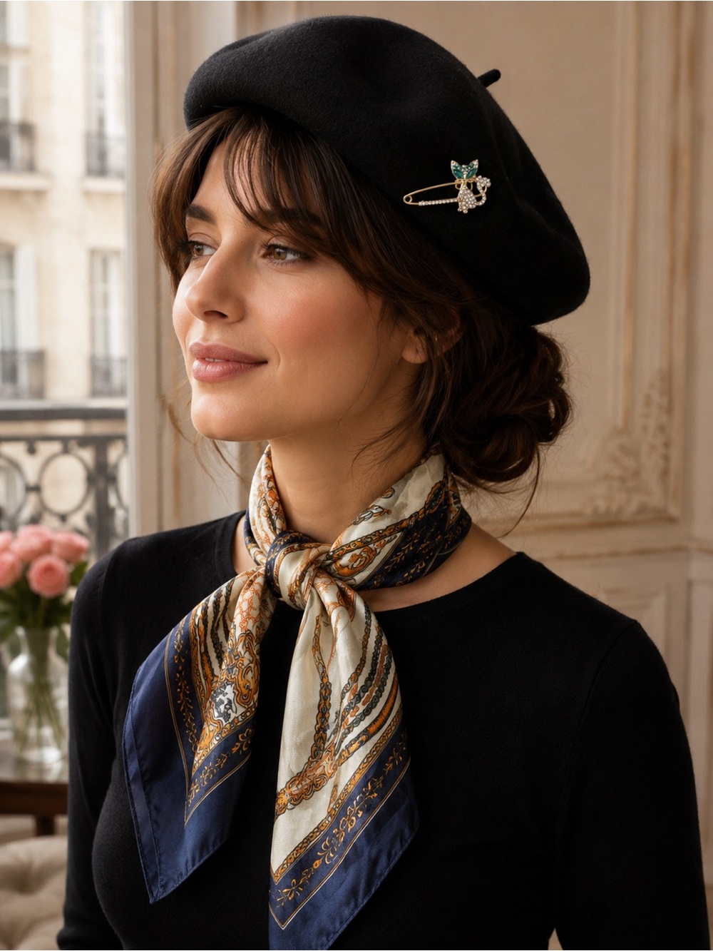 3 Pc Women’s Black Beret Hat Scarf & Rhinestone Brooch Pin Gift Set New